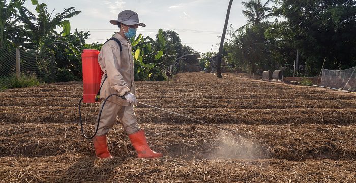 person spraying a field wearing PPE
